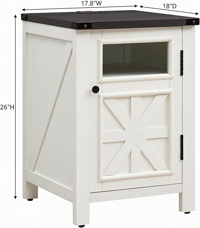 Nightstand with Charging Station, 18" Farmhouse End Table with Barn Door & Adjustable Shelf, Wood Sofa Side Table with 3-Tier Storage for Living Room, Bedroom, White