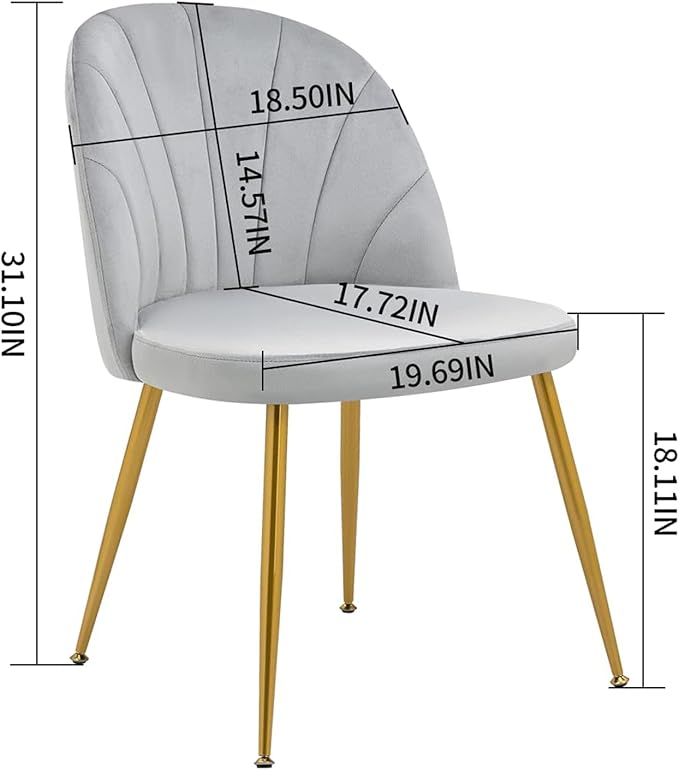 Velvet Dining Chairs Set of 6, Upholstered Mid Century Modern Dining Chairs, Armless Accent Chair with Metal Gold Legs for Living Room, Kitchen, Dining Room, Grey