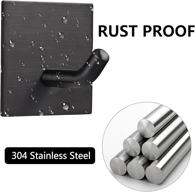 Heavy Duty Adhesive Hooks, Stick on Wall Adhesive Hangers, Strong Stainless Steel Holder, Self Adhesive Hooks for Kitchen Bathroom Home Door Towel Coat Key Robe 6 Packs Black