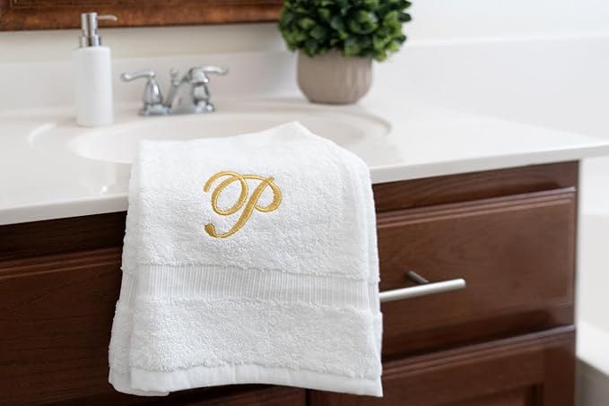 White Monogrammed Hand Towels for Bathroom - Luxury Hotel Quality Personalized Initial Embroidered Towel for Powder Room, Spa - GOTS Organic Certified - Pack of 2 Gold, Letter P