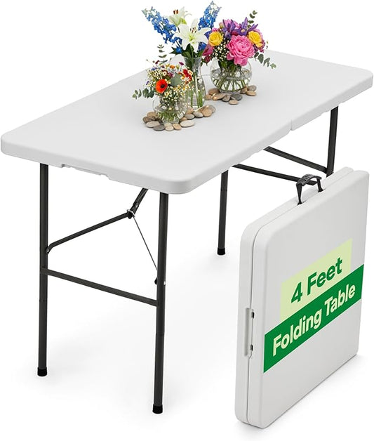 EconoHome White 4ft Folding Table with Handle | Heavy-Duty Foldable Table | Portable Table for Indoor & Outdoor Use | Perfect for Events, Camping, Parties, Dining & More