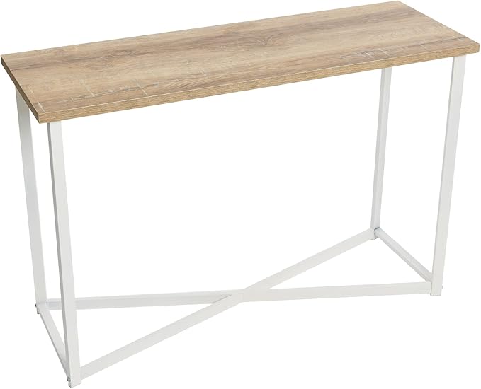 Household Essentials Jamestown Console Sofa Table Coastal Oak Rustic Wood Grain and White Metal