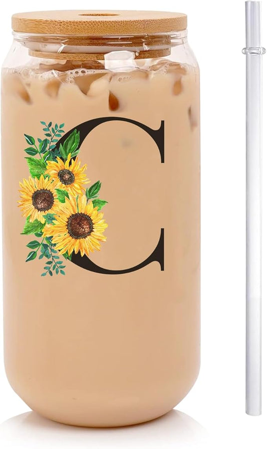 Initial Glass Cups Sunflower with Bamboo Lids and Straws,16oz Iced Coffee Mug Tumbler,Monogrammed Birthday Gifts Mother's Day Sunflower Gifts for Women,Mom,Friend,Sister