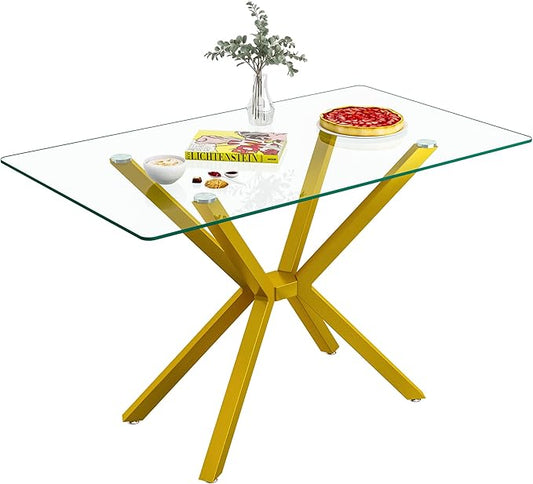 47.24" Rectangular Glass Dining Table Modern Kitchen Glass Top Table for 4 with Gold Metal Legs, Clear Dining Table Kitchen Table for Home Office Dining Room