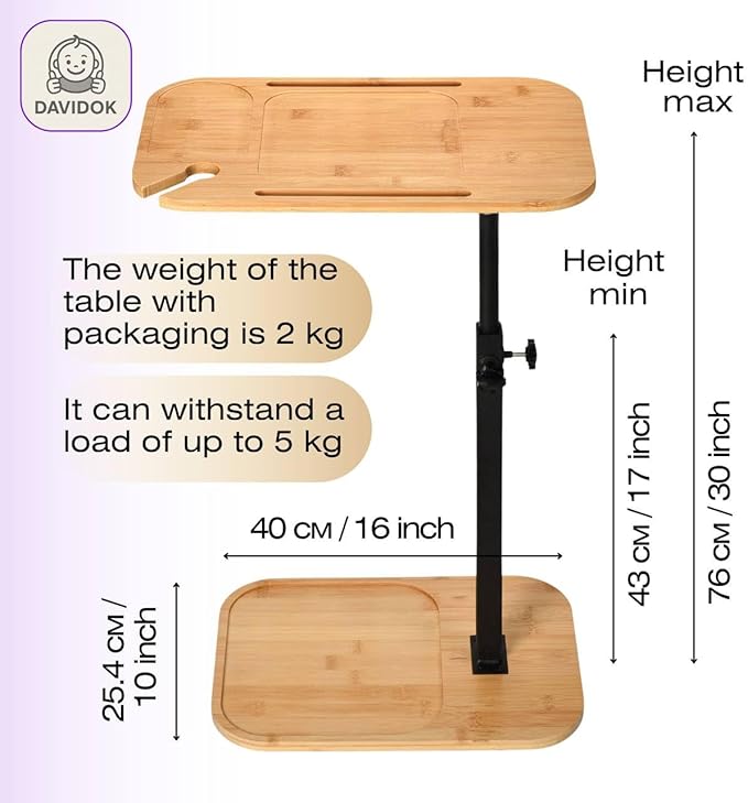 DAVIDOK C-Shaped Sofa End Table, Adjustable Height Couch Side Table with Device Slot, Wood Color with Black Metal Stand, Couch Table for Living Room, Bedroom