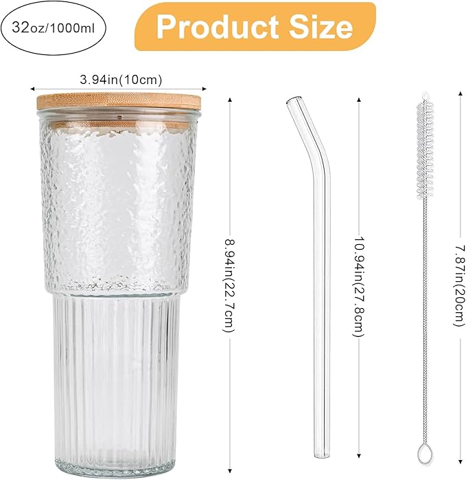 32oz Ribbed Glassware Large Cup, Glass Cups With Lids And Straws,Iced Coffee Cups With Lids,Glasses Drinking Set,Cute Cups,Boba Cup,With Straw Brush,Ideal Gift