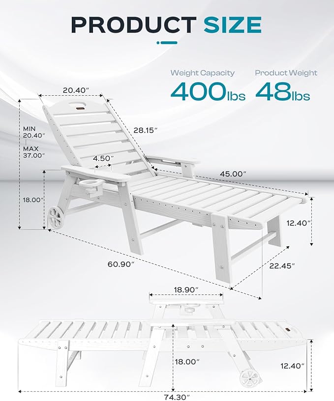 Ciokea Lounge Chair Outdoor, Oversized Chaise Lounge Chair with 5 Positions, HDPE, Patio Lounge Chair with Wheels & Cup Holder for Pool, Deck, Poolside, White