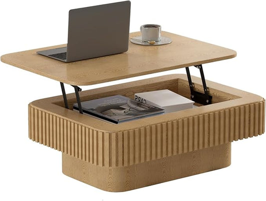 Lift Top Coffee Table for Living Room,Rectangle Handmade Solid Wood Strips, Fluted Coffee Table with Hidden Storage Compartment Small Space Office Apartment (38.6" L×26.8''W×13.8''H-Natural)