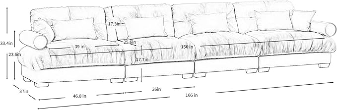 166" Oversized Couch, 4 Seater Modular Sectional Sofa, Olive Large L Shaped Sectional Couches for Living Room, Velvet Cloud Couch with Ottoman, L Shaped