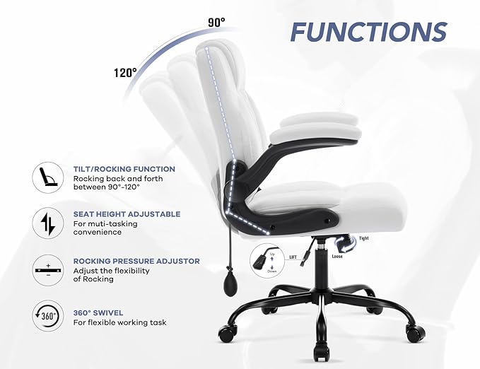 Office Chair with Adjustable Lumbar Support,Leather Ergonomic Computer Desk Chair with Flip-up Arms,Adjustable Tilt Lock,Swivel Rolling Executive PC Chair for Work, Study,Meeting,Small Space.White