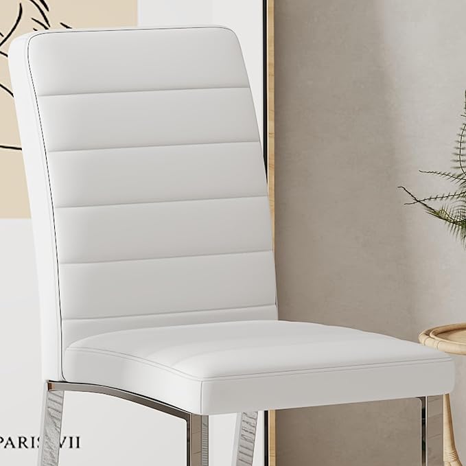Modern Dining Chairs Set of 4, White Faux Leather Kitchen Chairs, Upholstered Armless Dining Room Chair with Gold Mental Legs Heavy Duty, Comfortable (White Chairs, Set of 2)