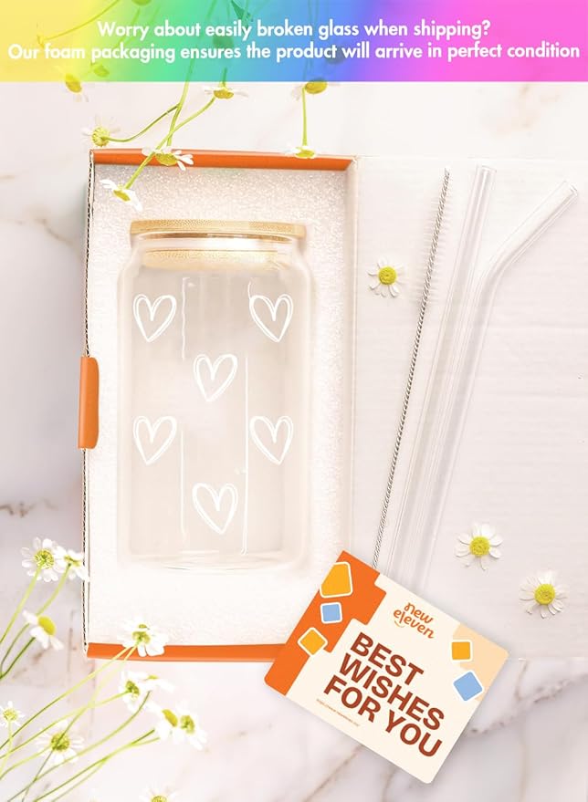 NewEleven Cute Glass Coffee Cups With Lids And Straw – Aesthetic Cups – Iced Coffee Cup, Coffees Tumbler – Christmas Gifts For Women, Friends, Coffees Lover - 16 Oz Coffee Glass