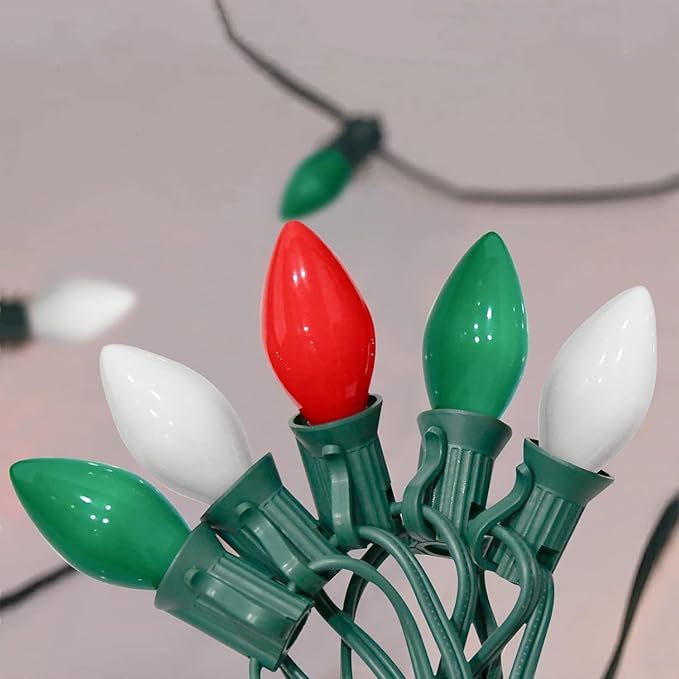 SUNSGNE C7 Christmas String Lights 25 Feet Outdoor String Lights with 27 5W Red Green White Glass Light Bulbs(2 Spare) for Backyard Patio Garden Xmas Decor, Green Wire