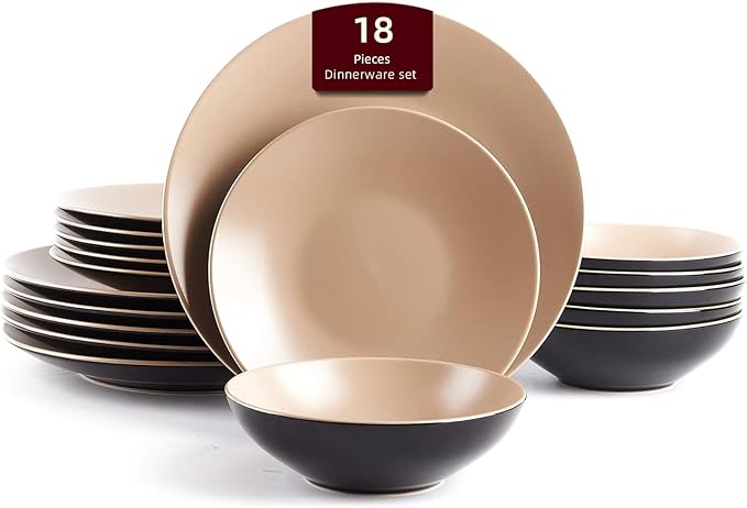 Stoneware Two-Tone Colors Life 18 Dinner Set， Outside Shiny Black + Inside Matte Glaze Beige