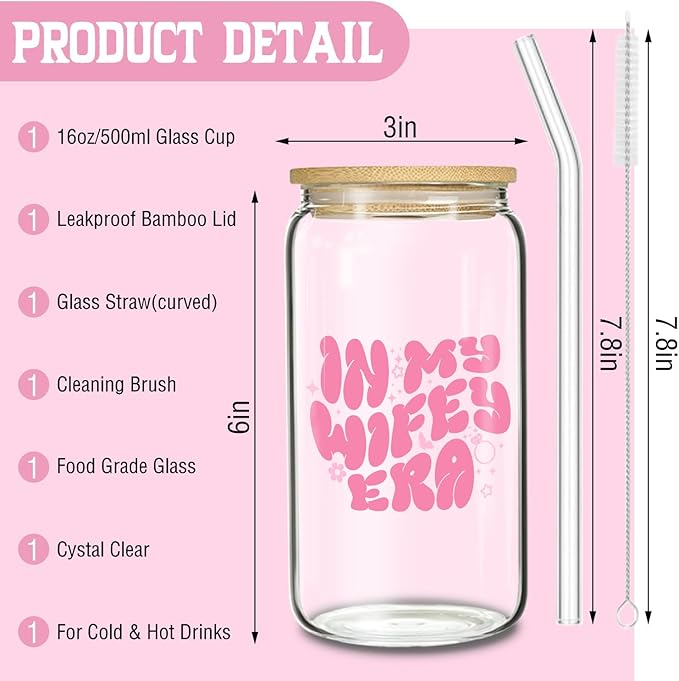 In My Wifey Era Pink Glass Tumbler - 16oz Gift for Bride to Be, Chic Bridal Shower & Bachelorette Party Gift, Classy Wedding Decorations for the Bride