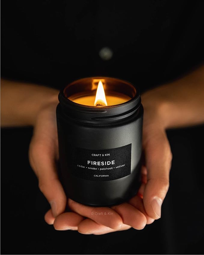 Craft & Kin Premium Smokey Fireside Candle | Christmas Scented Candles for Men | Men Candles with Wood Wicked | Long Lasting with 45 Hour Burn Time - 7.6oz