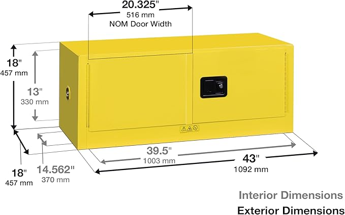 Justrite 12 Gallon Manual Close Piggyback Flammable Storage Cabinet, 18 Gauge Steel, 2 Door Fire Cabinet, 18" x 43" x 18", Made in The USA, Yellow, 891300