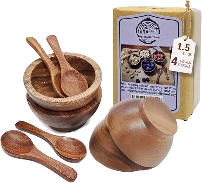 Set of 4 Small Round Acacia Wooden Bowls 2⅞ Inch Diameter With Spoons - Stackable Mixing Bowl for Salad Soup Snack Salsa Dip Sauce Charcuterie Wood Tableware Sets for Decor and Serving