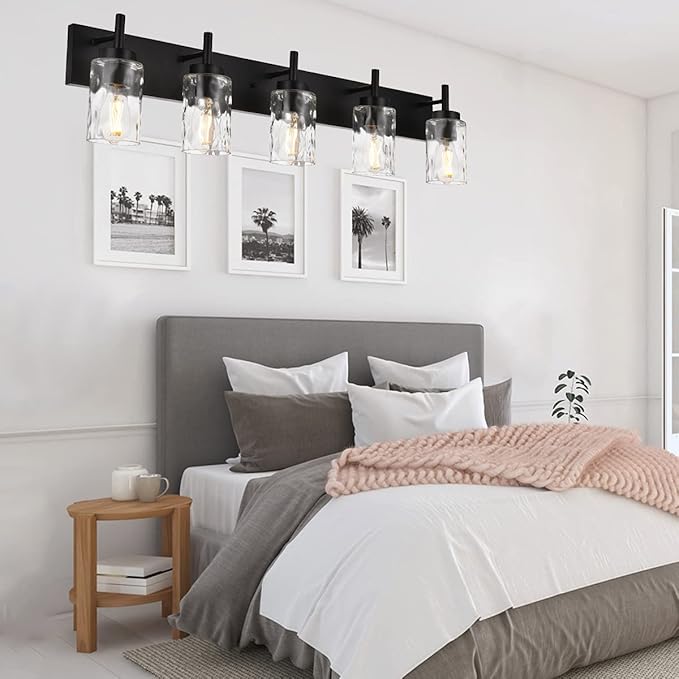 BONLICHT Modern Bathroom Lighting Over Mirror 5-Lights Rustic Bath Vanity Wall Mounted Light Fixtures Black Farmhouse Wall Sconce Lamp with Clear Hammered Glass Shade for Kitchen Living Room Hallway