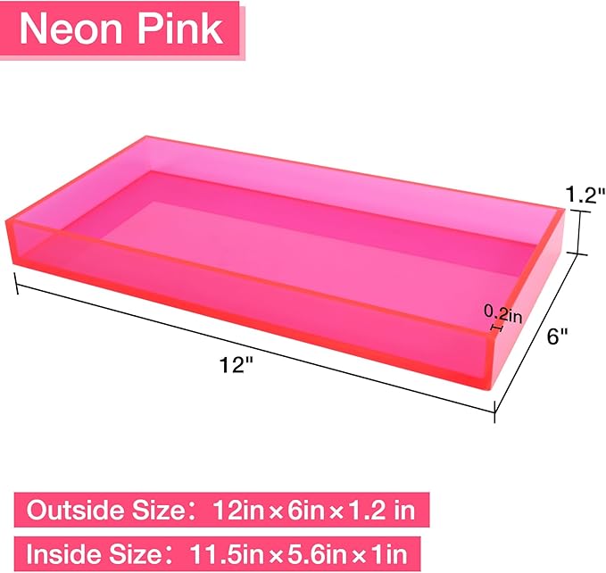 Acrylic Tray 5mm Thicken for Vanity Makeup, Perfume, Jewelry Holder, Napkin, Neon Pink 12x6'' 5Decorative Serving Tray for Bathroom, Toilet Tank, Sink Countertop, Living Room,Dresser, Coffee Table