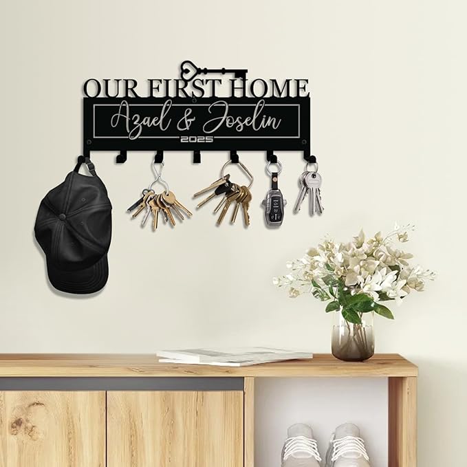 Personalized Metal Key Holder for Wall – Custom Our Frist Home Key Rack with Couples Name for Entryway, Front Door, Kitchen, Bathroom - Housewarming Gift