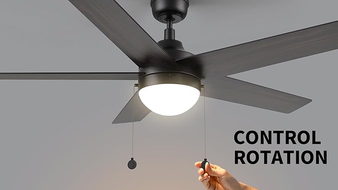 CEME 52" Ceiling Fan with Light Low Profile, DC 5 Speeds Silent Ceiling Fan with Remote, 5 Dual Finish Blades, 3 Light Colors Dimmable LED for Bedroom Room, Black