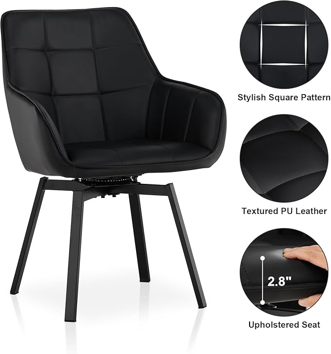 TUKAILAi Swivel Dining Chairs Set of 2, PU Armchairs Upholstered Accent Dining Chairs with Metal Legs, Rotatable Desk Chair for Home Office Kitchen Chair Restaurant (Black)