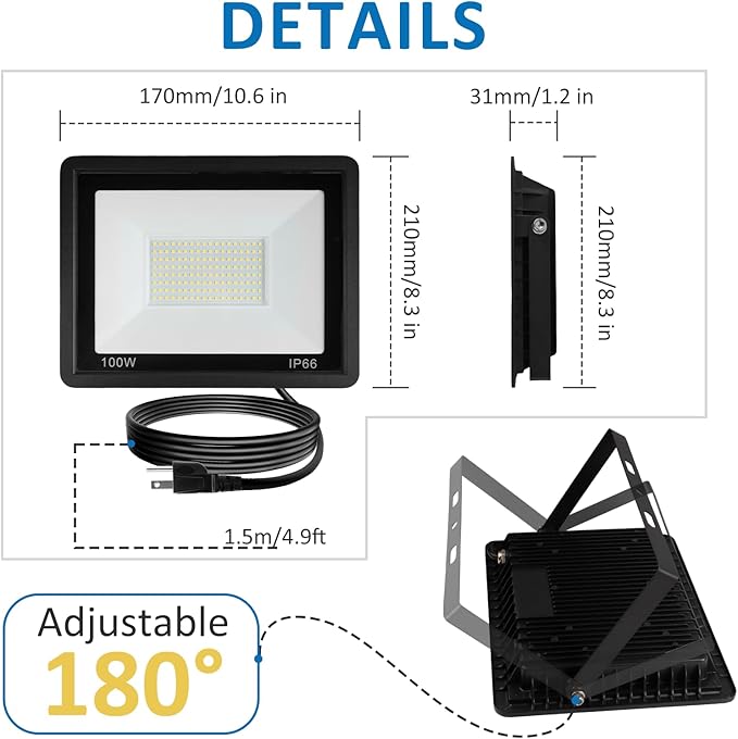 100W LED Flood Light Outdoor, 10000LM Super Bright Floodlight Outside Work Lightwith Plug, 6500K Daylight White LED Flood Light Outdoor, IP66 Waterproof Outdoor Flood Light-2Pack