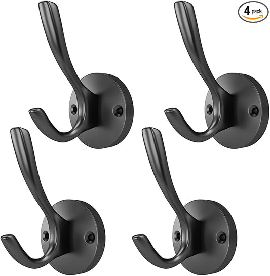 ZUONAI Black Coat Hooks 4 Pack Matte Black Hooks for Hanging Coats and Hat Hook Door Towel Hooks for Bathrooms Wall Mounted Double Metal Robe Hook Kitchen Hanger Sturdy Coat Locker Single