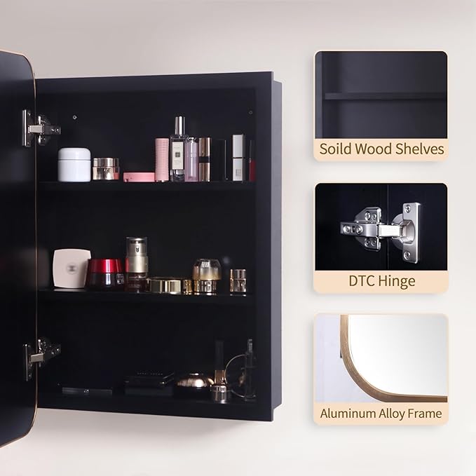 Bathroom Medicine Cabinet with Gold Metal Framed Mirror, Recessed or Wall Mount Bathroom Vanity with Storage Shelves 17.5x26 inch