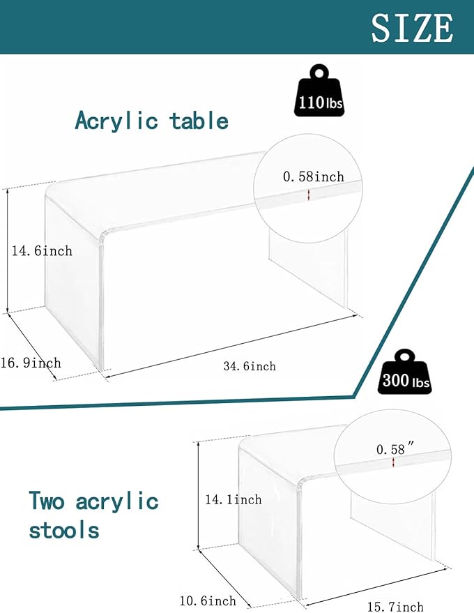 Acrylic Coffee Table and Stool Set of 2. with 34" Modern Minimalist Rectangular Table + 15" Multi-Use Clear Stool, Rest Stool, Shower Seat w/Rounded Edges (Stool:15.7"x10.6"x14.1")