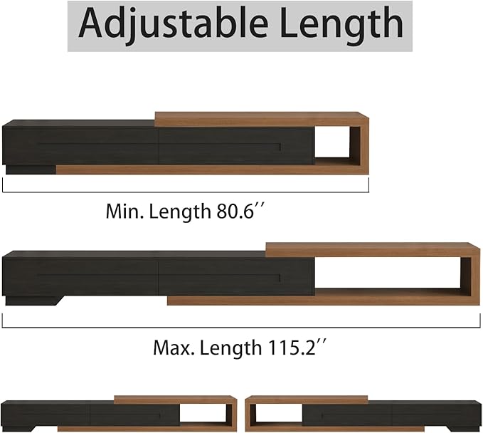 80’’-115’’ Extendable TV Stand for 120 Inch TV, Walnut Wood Modern Entertainment Center, Rectangle TV Console Table, Extendable, Black
