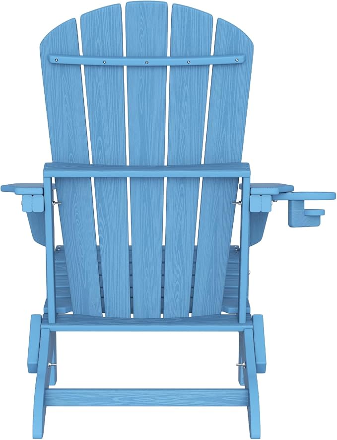 Plawdlik Folding Adirondack Chair Set of 2 with Cup Holder,Heavy All-Weather,Wooden Textured,HDPE Outdoor Chairs, Patio Backyard Fire Pit, Light Blue