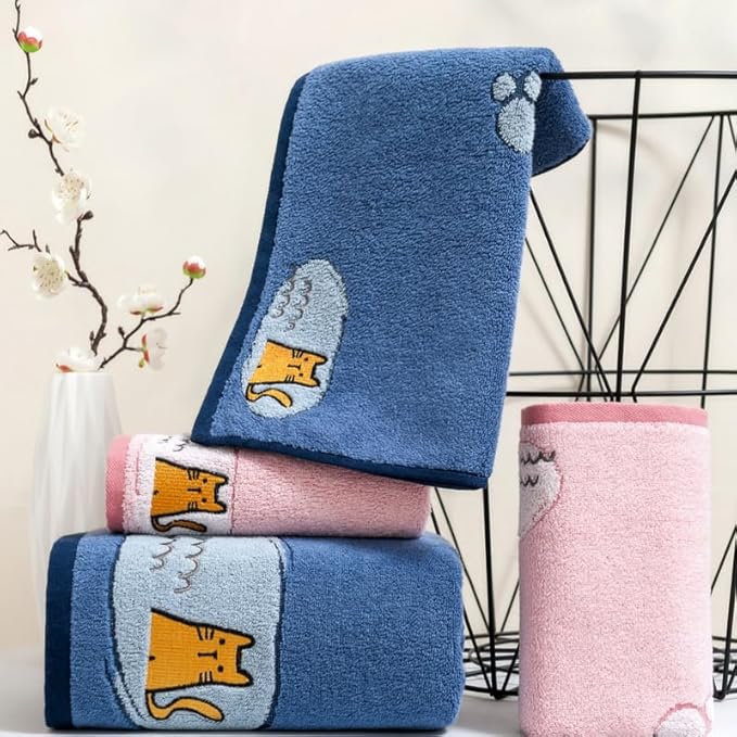 Ultra Soft Cotton Cat Bath Towel - Large 59x29 Meow Print & Cat Paw, Quick Dry Absorbent,for Shower, Beach, Pool & Travel.2 Pack Blue.
