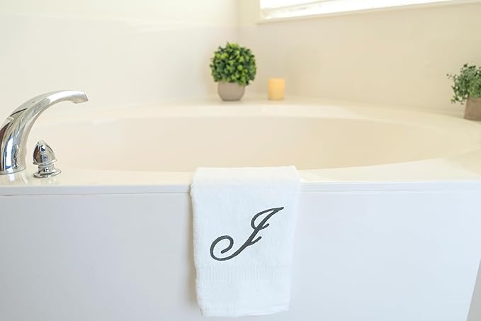 White Monogrammed Hand Towels for Bathroom - Luxury Hotel Quality Personalized Initial Embroidered Towel for Powder Room, Spa - GOTS Organic Certified - Set of 2 Dark Gray Letter J