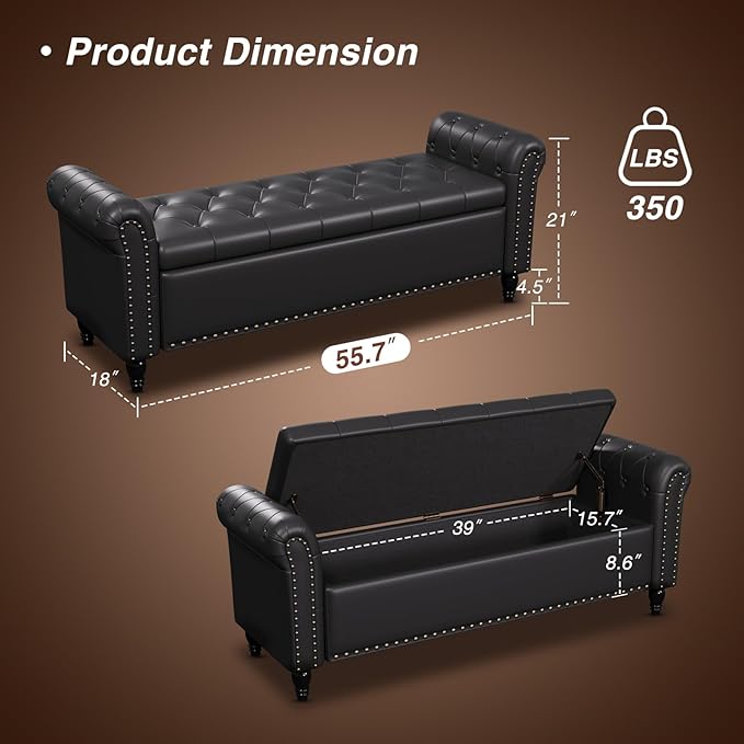 55 Inch Bedroom Bench, End of Bed Bench with Storage, Bed Benches for Foot of Bed, Faux Leather Window Bench with Rolled Arms, Upholstered Storage Bench with Tufted Button and Nailhead Trim, Black