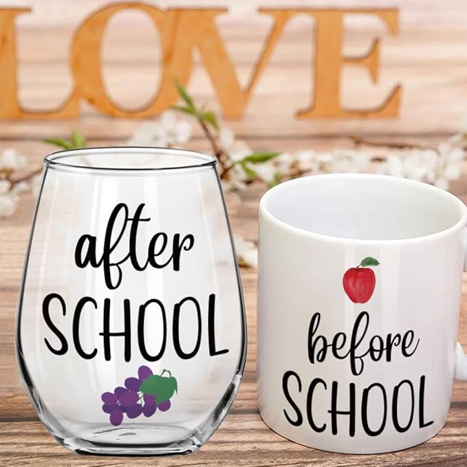 2PCS Before School After School Mug & Glass/Funny Appreciation Teacher Gifts from Student/Teachers Day, Christmas for Daycare, Kindergarten, Professor