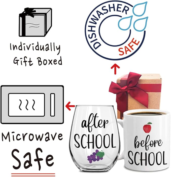 2PCS Before School After School Mug & Glass/Funny Appreciation Teacher Gifts from Student/Teachers Day, Christmas for Daycare, Kindergarten, Professor