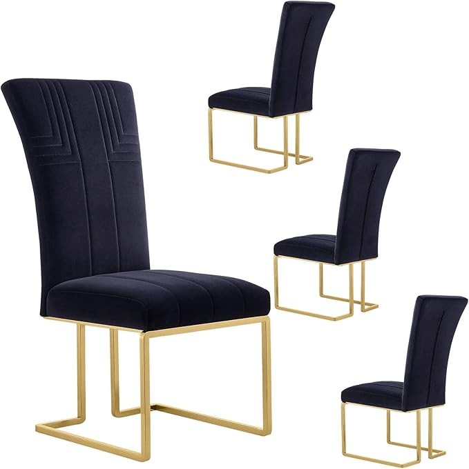 AUZ Dining Chairs Set of 4, Modern Luxury Black Velvet Upholstered Dining Chairs with High Back Design, Polished Gold Stainless Steel Sled Legs