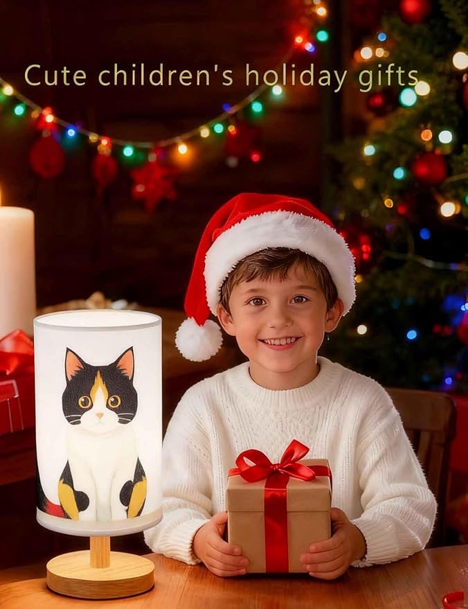 Cat Lamp, Cat Night Light,3 Color Night Light Wood Nightstand Desk Base Flaxen Fabric Shade for Bedroom Living Room, Cats Lovers Gifts, LED Bulb Included