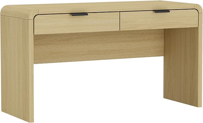 Manhattan Comfort Grace 54" Modern Home Office Desk with Drawers, Metal Handles, and Ample Workspace, Stylish Wood Table for Writing, Vanity, Work or Study, Natural Oak & Black