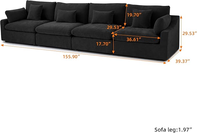 WJShome 160" Cloud Couch Sectional for Living Room, Down Filled Modular Sectional Sofa,4 Seater Convertible Couch, Sofa Covers Washable&Replaceable,Black