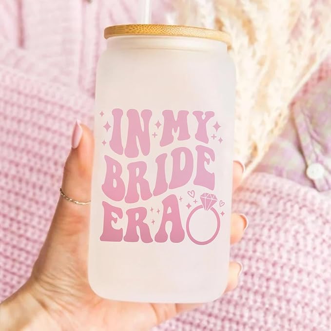 Bachelorette Gifts for Bride, Bridal Shower Gifts, Bride to Be Gifts, Bride Gifts 16oz Glass Cup with Lid and Straw, in My Bride Era, Gifts for Bride Wedding, Future Mrs Wifey Gifts