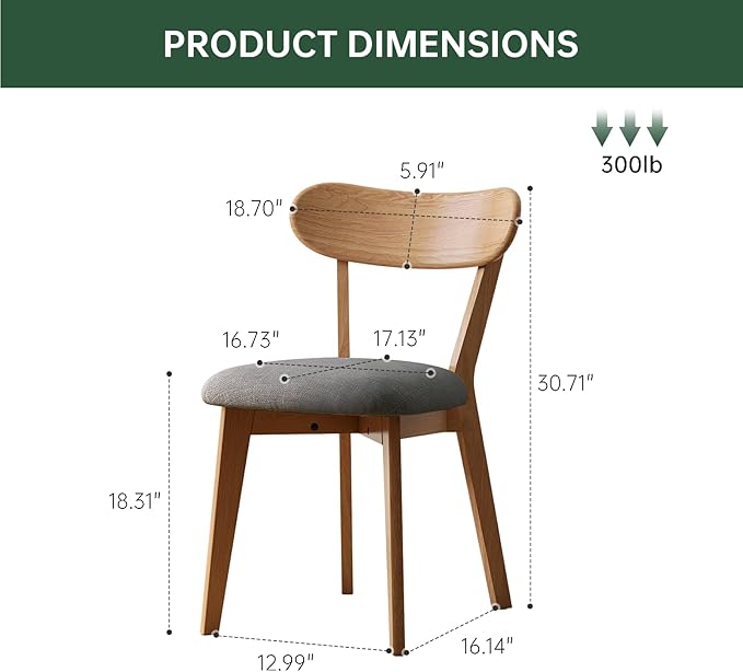 100% Solid Wood Upholstered Dining Chairs, Mid Century Modern Oak Dining Chairs with Curved Back with Butterfly Wing Shape for Kitchen, Dining Room, Restaurant (2PK, Log Color-Dark Gray Cushion)