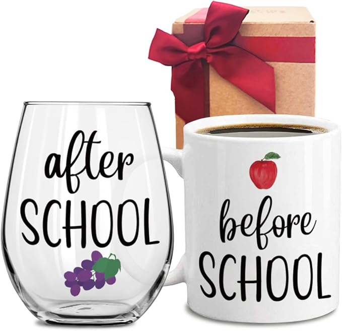 2PCS Before School After School Mug & Glass/Funny Appreciation Teacher Gifts from Student/Teachers Day, Christmas for Daycare, Kindergarten, Professor