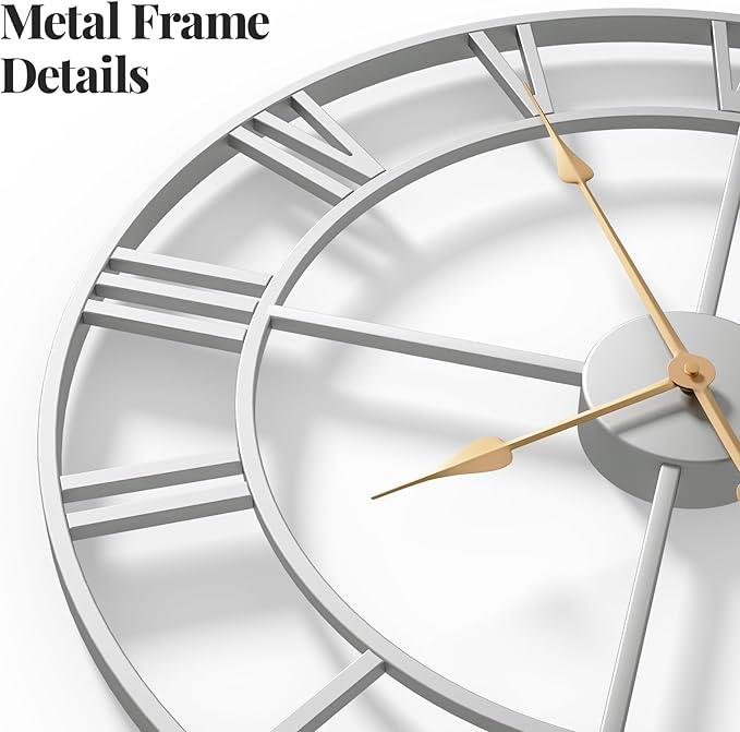 Cuspin Silver Wall Clock for Living Room Decor, 24 Inch Large Metal Wall Clock Modern Luxury Roman Numeral Analog Battery-Operated Round Decorative Clocks for Bedroom, Kitchen, Office