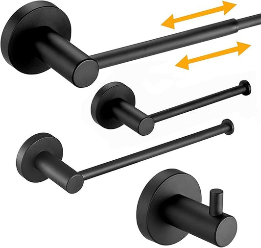 BESy 4 Piece Bathroom Accessories Set Hardware Set (Adjustable Double Towel Bar, Hand Towel Holder, Toilet Paper Holder, Towel Hook) Bath Fixtures Set Wall Mounted SUS304 Stainless Steel Matte Black