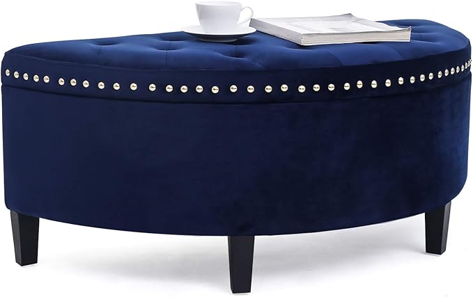 Homebeez 43.5" Half Moon Storage Ottoman Bench, Lift Top Velvet Storage Ottoman Bench for Bedroom Living Room (Navy Blue)