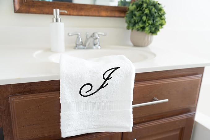 White Monogrammed Hand Towels for Bathroom - Luxury Hotel Quality Personalized Initial Embroidered Towel for Powder Room, Spa - GOTS Organic Certified - Set of 2 Black Letter J