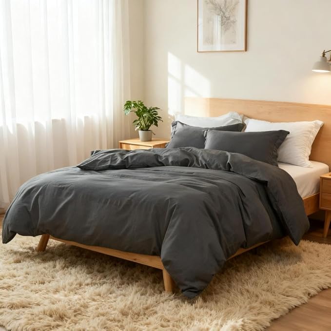 Simple&Opulence French Linen Duvet Cover Set 68" x 86"- 2 Pieces (1 Comforter Cover,1 Pillowcase)- Natural Flax Cotton Blend-Solid Color Breathable Farmhouse Bedding-Charcoal Grey, Twin
